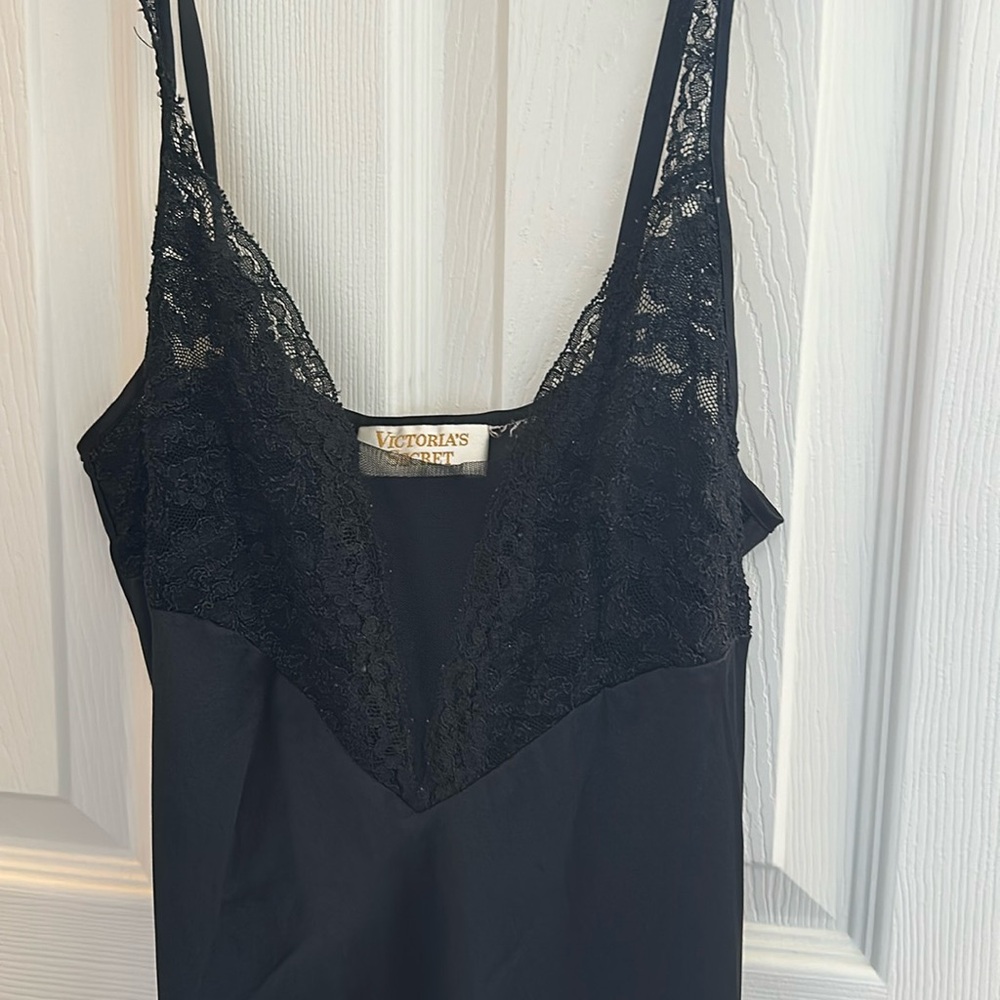 Vintage Gold Label Victoria’s Secret Lace Long Black Slip Dress With Slit